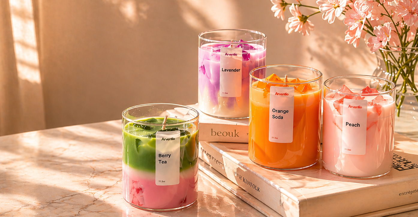 Four scented candles with colorful labels on a marble surface with a soft background