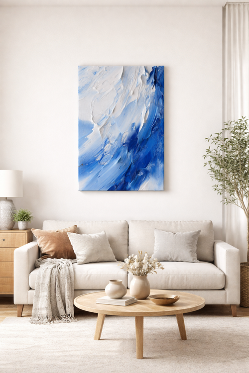 Silent Blue Flow Abstract Color Framed Canvas Art #002