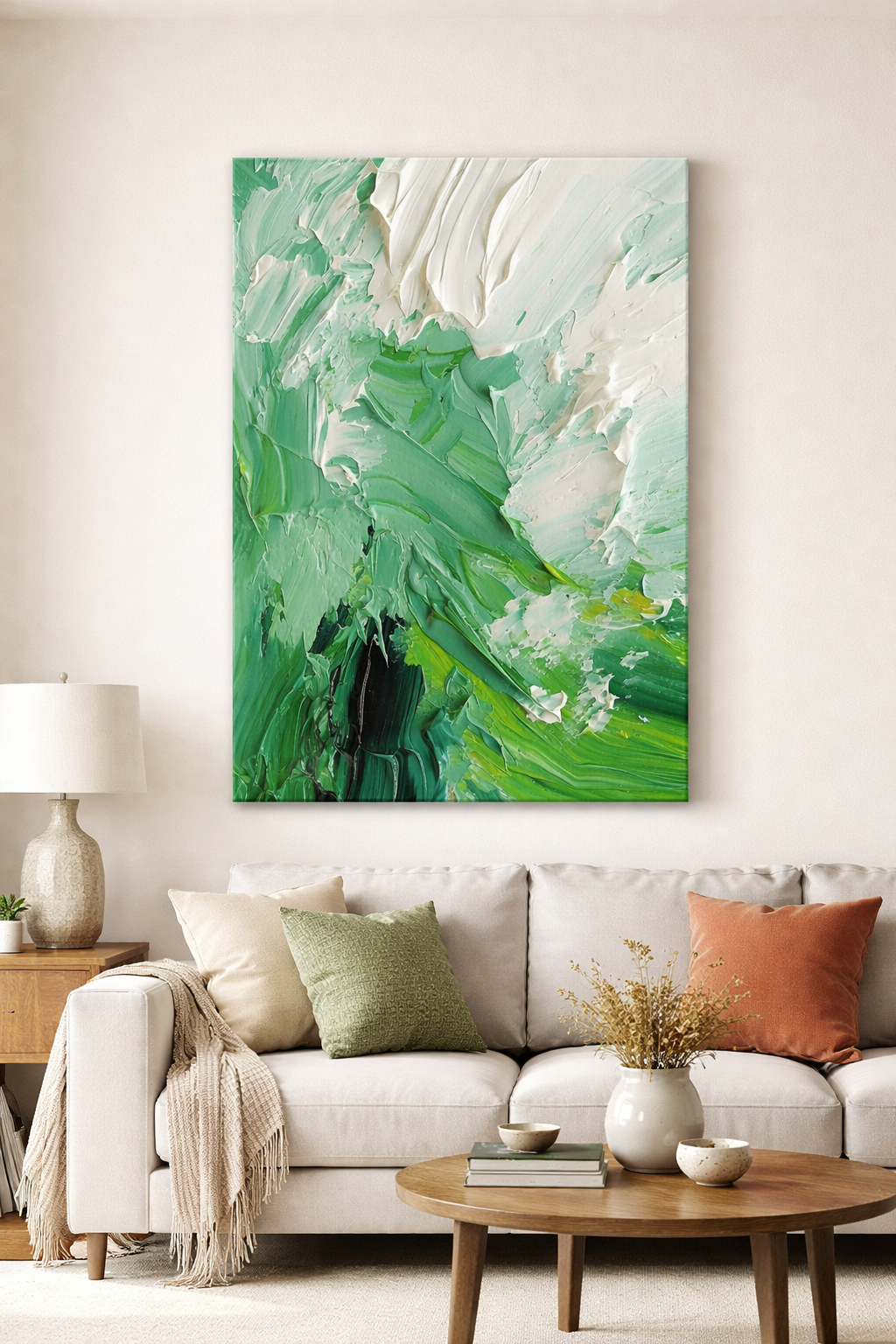 Neutral Green Textured Abstract Color Framed Canvas Art #003